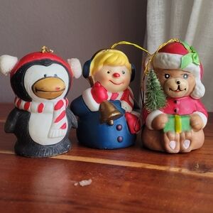 1985 Lot 3 Jasco BearSanta Claus Penguin Boy with Bell Christmas Bells Ornament